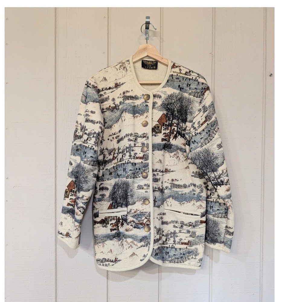 Vintage Vitabella Norway 100% Wool‎ Scenic Tapestry Cardigan Jacket Winter Scene